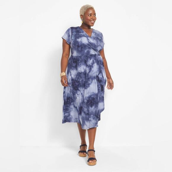Lane Bryant Blue Tie Dye Stretch Knit O ring Wrap Cap Sleeve Dress 22 24 Petite - Picture 1 of 14